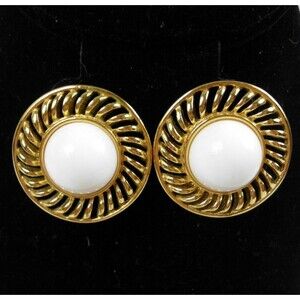 Vintage Trifari Gold Tone Round Swirl Pierced Earrings with White Stone Signed